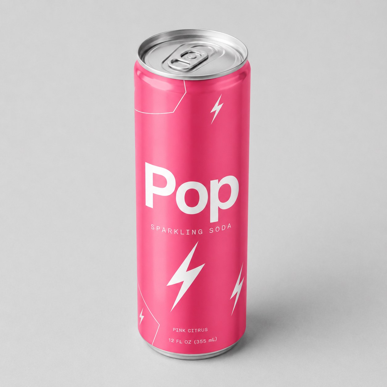 Design produit affiné de la canette Pop rose avec mentions Sparkling Soda et Pink Citrus