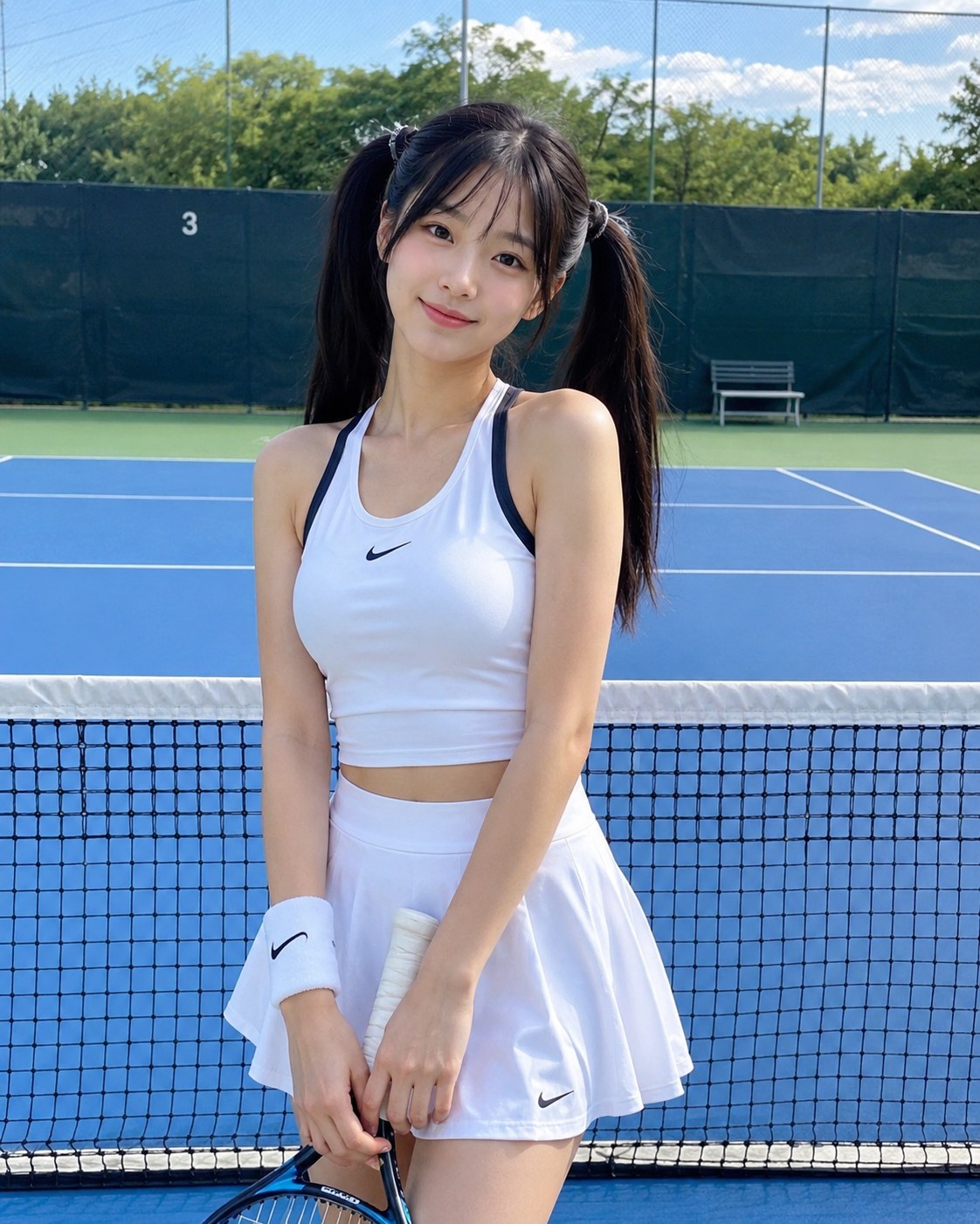 Personnage de la campagne Pop : jeune femme en tenue de tennis blanche sur un terrain bleu