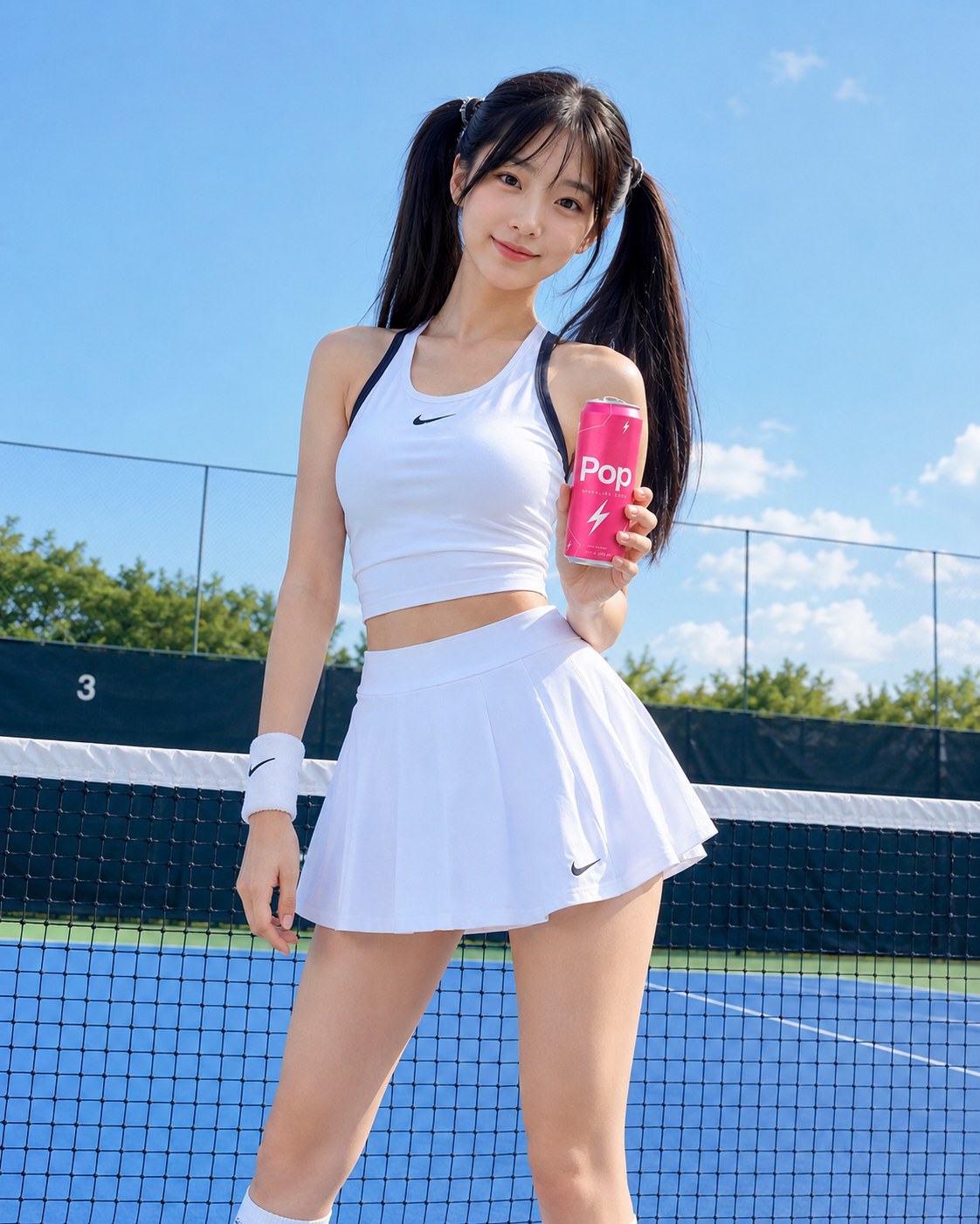 Plan large du personnage présentant la canette Pop sur le terrain de tennis