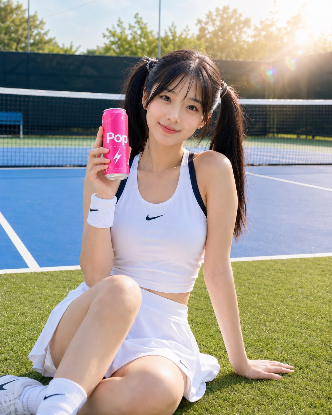 Scène lifestyle : le personnage assis sur l'herbe à côté du terrain de tennis avec la canette Pop